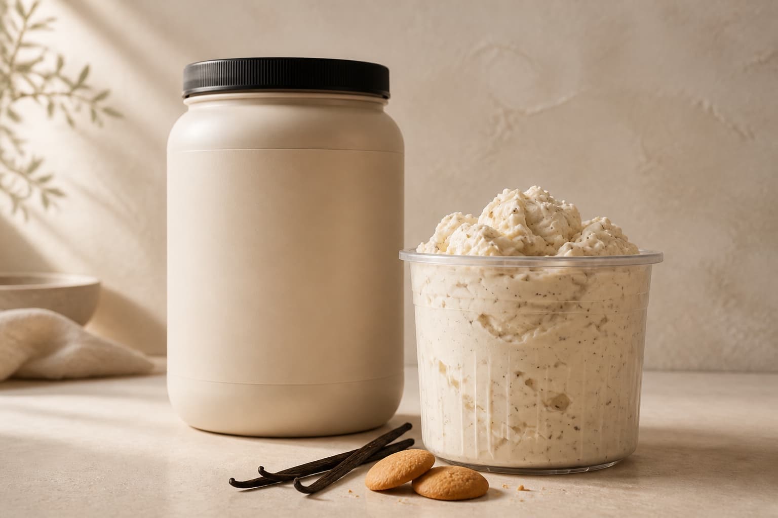 French vanilla protein Creami beside a warm cream ingredient canister